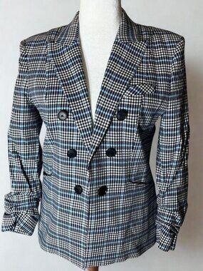 Veronica Beard Plaid Double Breasted Blazer Size 12 Ruched Sleeve Open Front